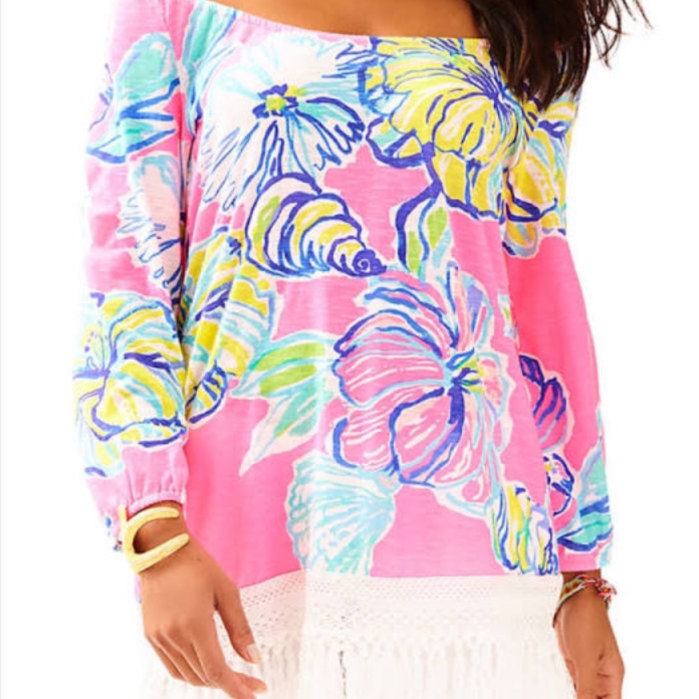Lilly Pulitzer Size S Pink Yellow Alia Fringe Lightweight Tunic Top; Preowned